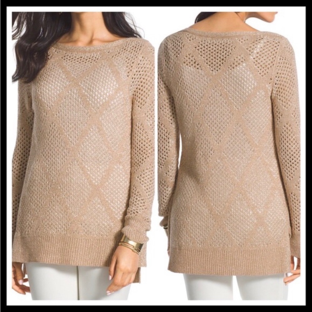 Chico’s Black Label Open Knit Metallic Linen Blend Sweater Size 3